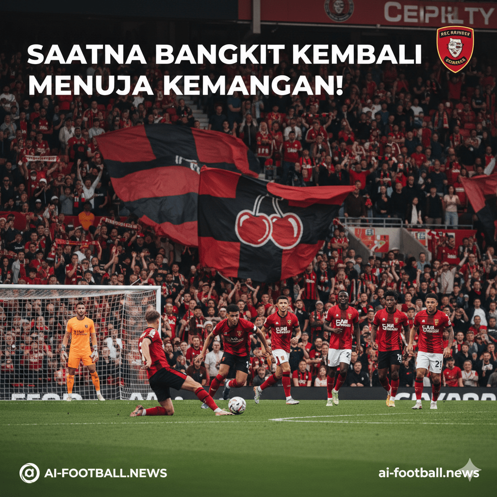Pemandangan aksi dinamis di Stadion Vitality yang menampilkan para pemain AFC Bournemouth dalam seragam kandang merah dan hitam ikonik mereka. Para pemain terlihat bersemangat dan fokus saat mereka berlari di lapangan hijau yang terawat rapi, dengan latar belakang tribun penonton yang dipenuhi oleh pendukung setia The Cherries yang mengibarkan bendera dan bersorak memberi dukungan. Gambar ini menangkap atmosfer intensitas Liga Premier dan tekad kuat tim tuan rumah untuk bangkit kembali ke jalur kemenangan setelah hasil yang mengecewakan sebelumnya.