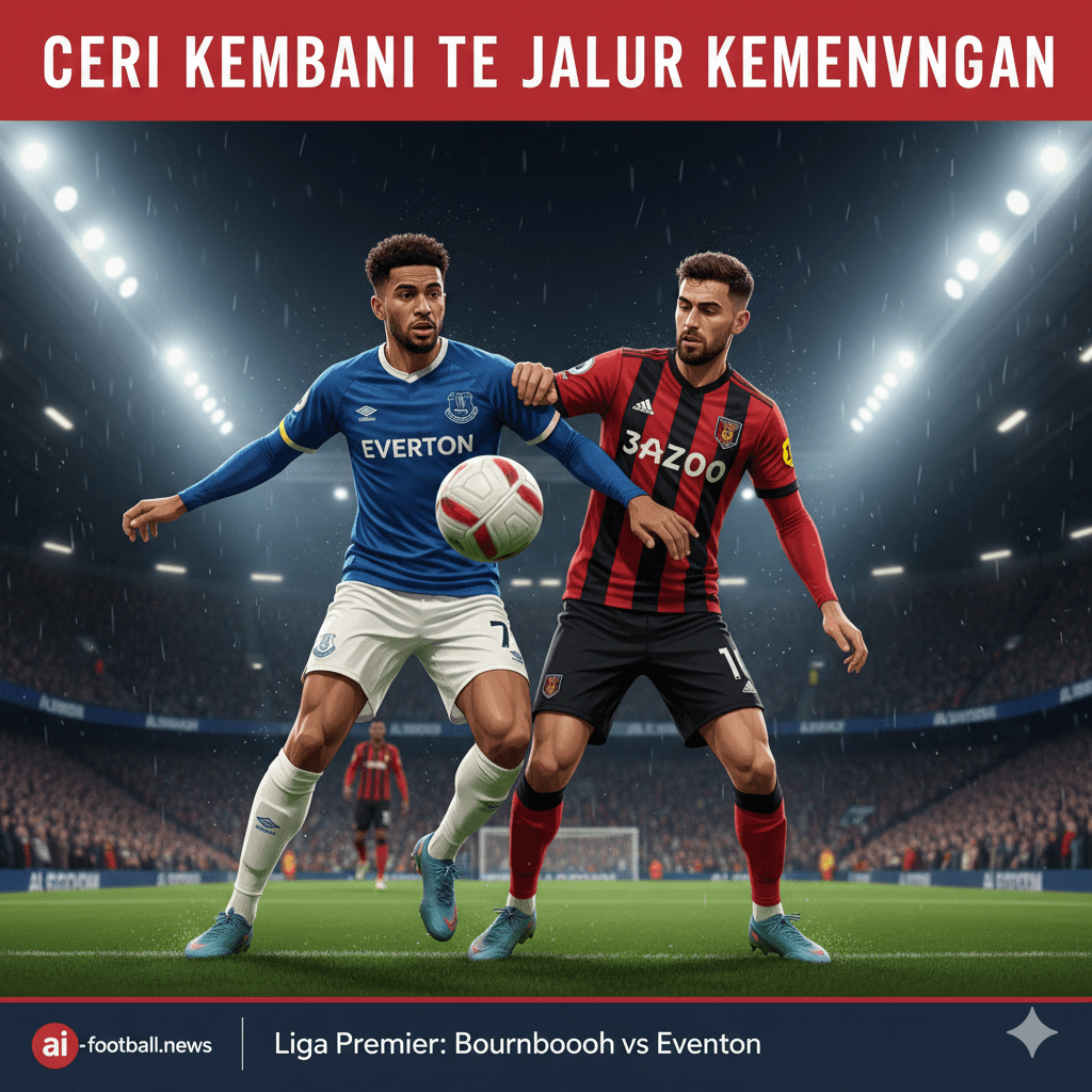 Momen perebutan bola yang sengit antara pemain Bournemouth dan pemain Everton dalam sebuah pertandingan Liga Premier. Pemain Everton yang mengenakan seragam biru terlihat berusaha menahan serangan dari pemain sayap Bournemouth, menggambarkan ketegangan kompetitif antara kedua tim yang sama-sama ingin menebus kekalahan minggu lalu. Pencahayaan stadion menyoroti ekspresi wajah para pemain yang penuh konsentrasi dan fisik, mencerminkan betapa krusialnya pertandingan ini bagi kedua manajer untuk mengamankan poin dan memperbaiki posisi mereka di tabel klasemen.
