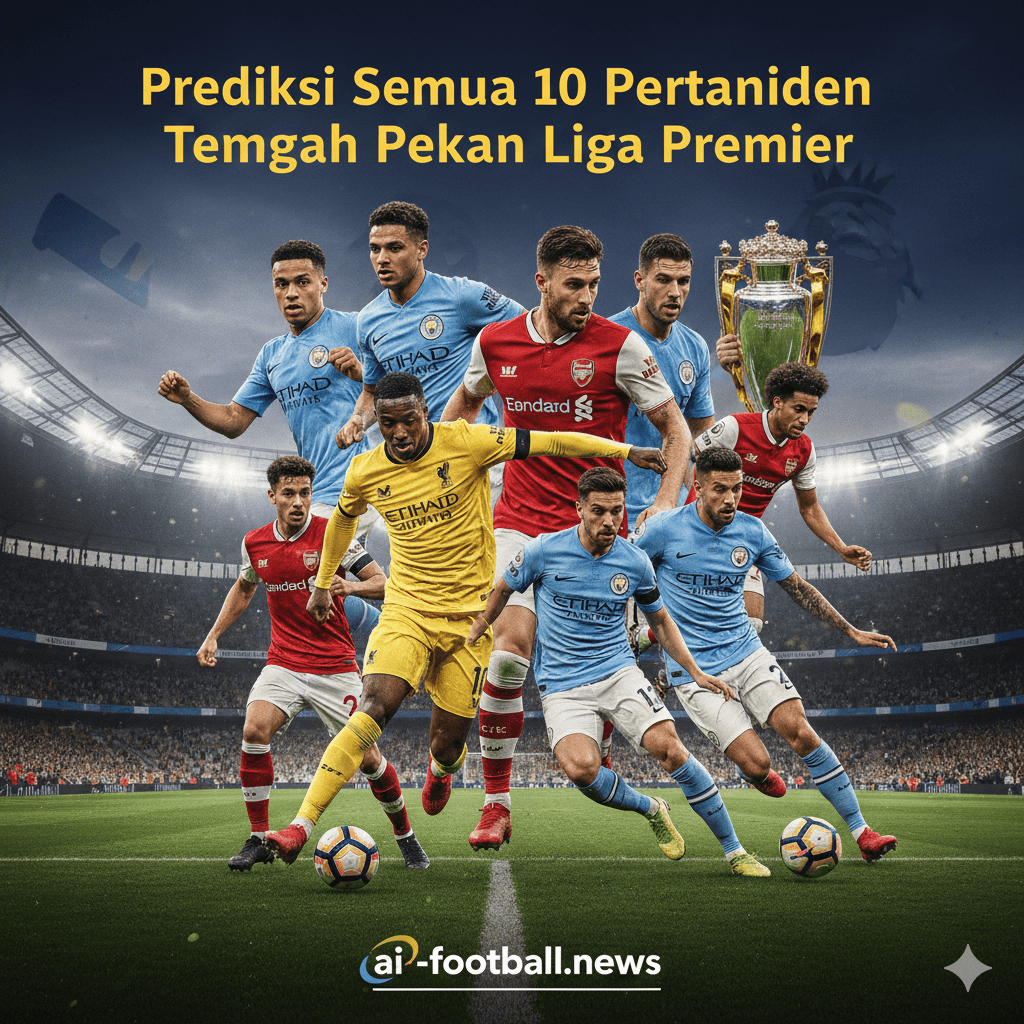 Ilustrasi komposit yang dinamis menampilkan kolase pemain bintang dari klub-klub papan atas Liga Premier Inggris seperti Arsenal, Manchester City, dan Liverpool yang sedang beraksi di lapangan. Latar belakang gambar memperlihatkan suasana stadion sepak bola yang megah di bawah sorotan lampu sorot malam hari, menciptakan atmosfer pertandingan tengah pekan yang intens dan dramatis. Elemen grafis seperti logo Liga Premier atau trofi juara dapat ditambahkan secara halus untuk menekankan prestise kompetisi. Komposisi warna harus cerah dan kontras untuk menarik perhatian pembaca dan mencerminkan persaingan ketat di puncak klasemen serta perjuangan tim di zona degradasi.