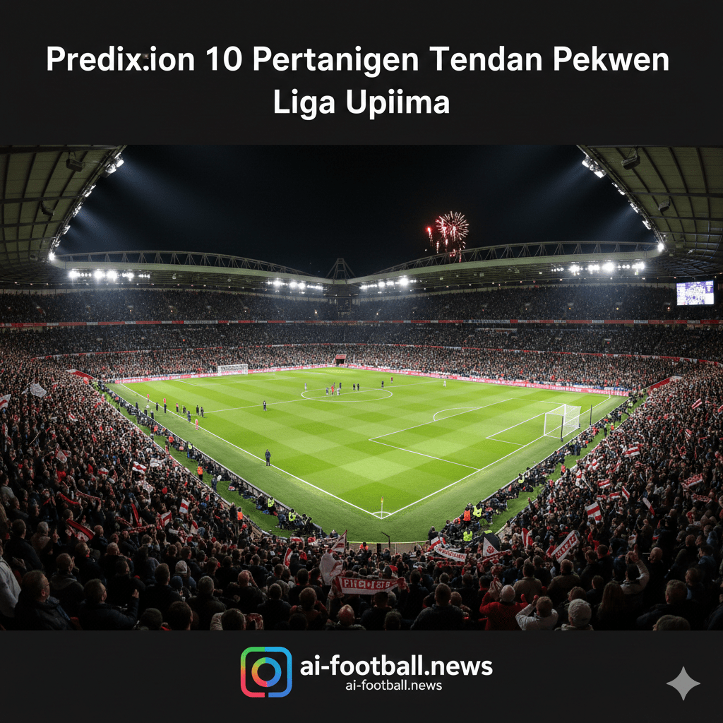 Foto sudut pandang lebar (wide-angle) yang menangkap kemegahan stadion sepak bola Liga Inggris saat pertandingan malam hari sedang berlangsung. Lapangan hijau yang terawat sempurna diterangi oleh cahaya lampu stadion yang menyilaukan, sementara tribun penonton dipenuhi oleh ribuan suporter yang antusias mengibarkan bendera dan syal tim mereka. Gambar ini merepresentasikan 'pesta sepak bola' yang disebutkan dalam artikel, di mana 20 klub bertanding secara serentak. Visual ini berfungsi sebagai jeda visual yang menyegarkan di tengah artikel, memberikan konteks emosional tentang gairah dan energi yang hadir dalam setiap pertandingan tengah pekan di Inggris.