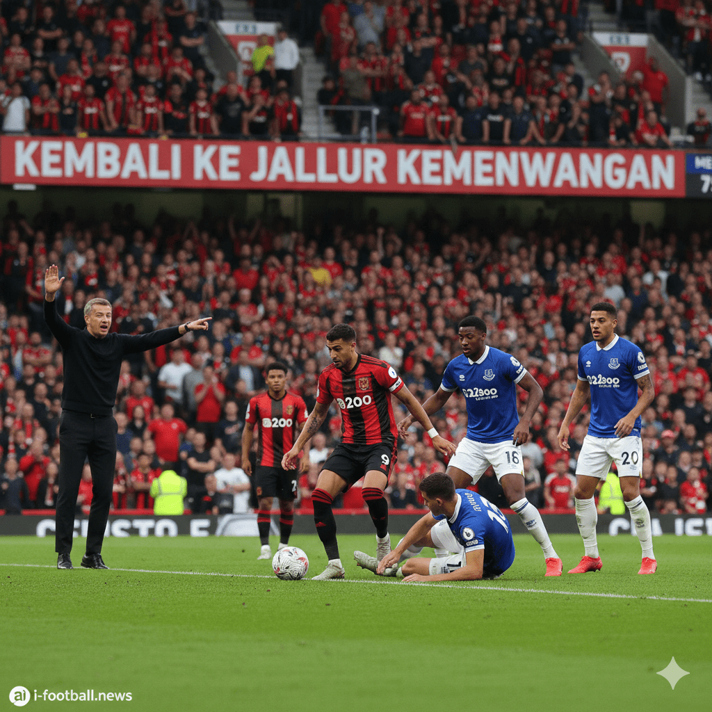 Foto momen krusial di area pertahanan Everton, di mana penyerang Bournemouth terlihat berusaha menerobos barisan pertahanan lawan yang rapat. Gambar ini memvisualisasikan dominasi tuan rumah 'The Cherries' yang memiliki catatan statistik kandang yang kuat. Terlihat jelas detail ekspresi manajer di pinggir lapangan yang sedang memberikan instruksi taktis dengan latar belakang tribun penonton yang berwarna merah hitam. Visual ini mendukung analisis artikel mengenai peluang Bournemouth untuk kembali ke jalur kemenangan dan memanfaatkan keunggulan bermain di kandang sendiri melawan The Toffees.