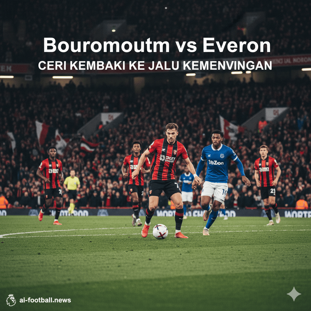 Ilustrasi realistis dan dinamis yang menampilkan suasana pertandingan Liga Premier di Vitality Stadium antara AFC Bournemouth dan Everton. Gambar menunjukkan sudut pandang luas dari lapangan hijau yang cerah dengan pemain Bournemouth berseragam merah hitam sedang menguasai bola, menunjukkan tekad untuk kembali ke jalur kemenangan. Latar belakang dipenuhi oleh tribun penonton yang antusias mengibarkan bendera dan syal, menciptakan atmosfer kompetitif yang intens. Pencahayaan stadion yang dramatis menyoroti aksi di lapangan, sangat cocok untuk artikel prediksi sepak bola profesional.