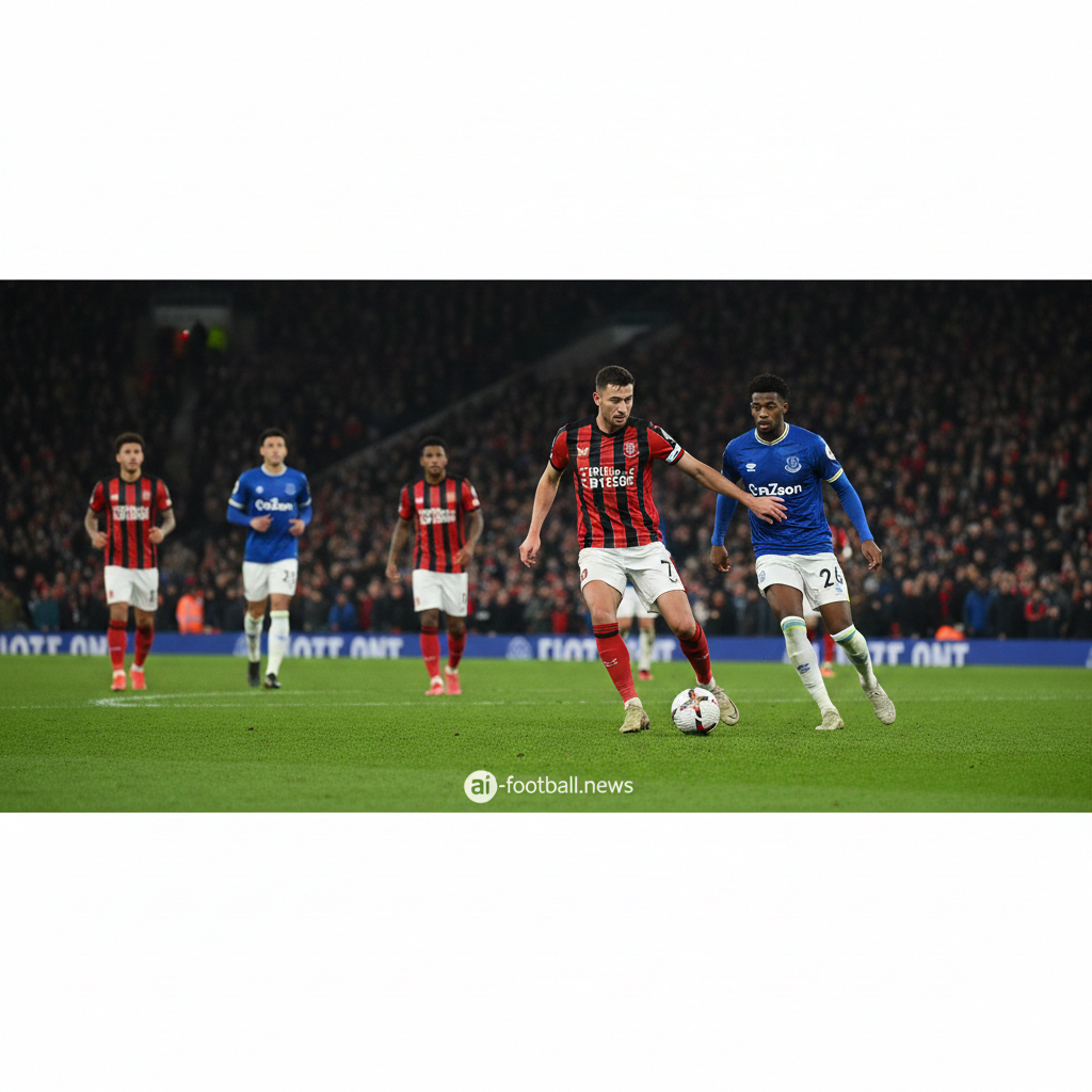 Pemandangan sudut lebar Stadion Vitality di bawah sorotan lampu malam hari, menciptakan atmosfer pertandingan Liga Premier yang dramatis dan penuh ketegangan. Di bagian tengah lapangan, pemain Bournemouth dengan seragam kandang garis-garis merah dan hitam ikonik terlihat sedang berebut bola dengan pemain Everton yang mengenakan seragam tandang berwarna biru. Latar belakang stadion dipenuhi oleh kerumunan penonton yang antusias, mencerminkan tekad kedua tim untuk bangkit kembali ke jalur kemenangan setelah kekalahan mengecewakan di pertandingan sebelumnya.