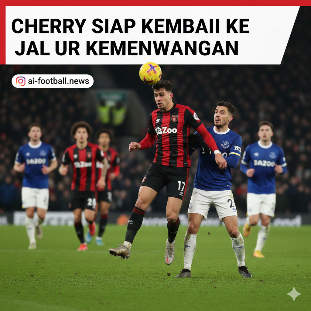 Sebuah momen aksi perebutan bola yang sengit di atas lapangan hijau, menampilkan duel fisik antara gelandang Bournemouth dan pemain Everton. Gambar ini menyoroti dominasi serangan Bournemouth yang disebutkan dalam statistik, dengan pemain tuan rumah yang berusaha menguasai permainan. Ekspresi wajah para pemain menunjukkan konsentrasi tinggi dan urgensi, menggambarkan betapa pentingnya laga ini bagi kedua tim yang baru saja mengalami kekalahan telak pada pertandingan sebelumnya.