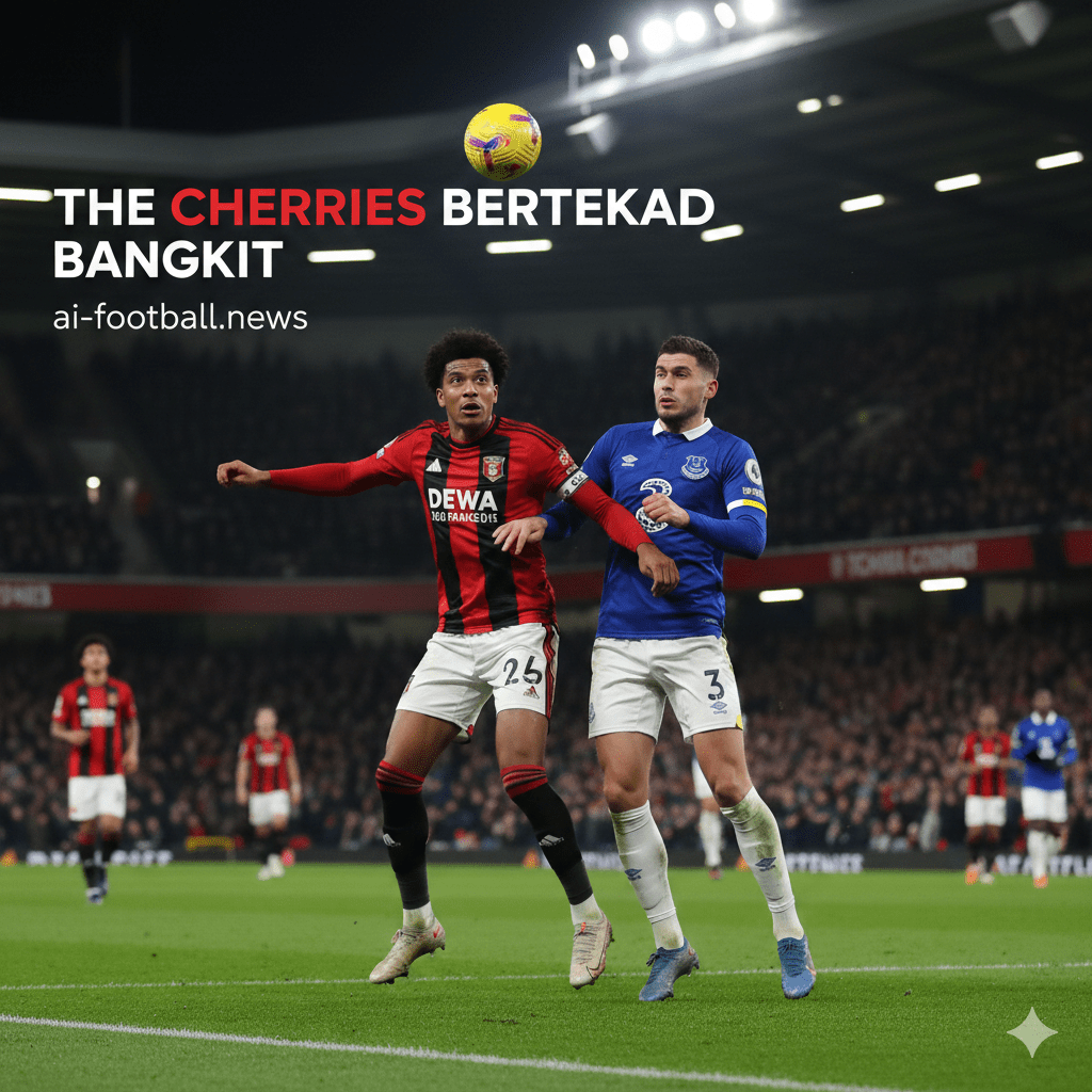 Gambar sampul yang menarik dan dinamis menampilkan dua pemain kunci dari AFC Bournemouth (jersey merah-hitam) dan Everton FC (jersey biru) sedang berebut bola atau saling berhadapan di Stadion Vitality saat malam hari. Sorot lampu stadion terang, memperlihatkan ekspresi intens dan aksi sepak bola yang penuh semangat. Di latar belakang, terlihat sedikit tribun penonton yang ramai. Gambar harus mencerminkan suasana pertandingan Liga Primer Inggris yang akan datang dan menegaskan tema 'The Cherries Bertekad Bangkit'.