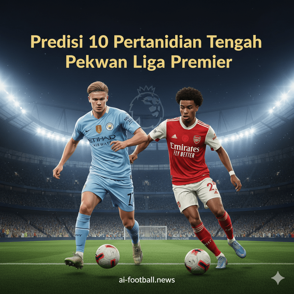 Ilustrasi komposit yang dinamis dan modern menampilkan bintang-bintang sepak bola Liga Premier Inggris seperti Erling Haaland dari Manchester City dan Bukayo Saka dari Arsenal yang sedang beraksi di lapangan. Latar belakang gambar adalah stadion megah di malam hari dengan lampu sorot yang menyala terang, menciptakan atmosfer dramatis khas pertandingan tengah pekan (midweek fixtures). Logo resmi Premier League terpampang samar namun elegan, menandakan serangkaian 10 pertandingan penting yang akan menentukan pergeseran posisi di papan klasemen sementara musim ini.