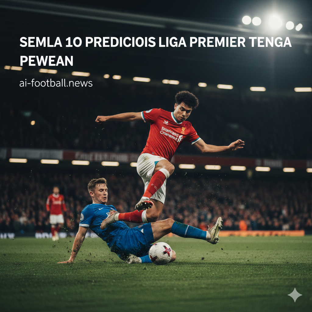 Foto aksi close-up berkualitas tinggi yang menangkap momen intensitas tinggi dalam pertandingan sepak bola Liga Inggris. Fokus gambar adalah pada perebutan bola yang sengit antara penyerang dan pemain bertahan di atas rumput hijau yang terawat rapi. Efek pencahayaan harus menonjolkan suasana pertandingan malam hari dengan latar belakang tribun penonton yang dibuat sedikit kabur (efek bokeh) untuk memusatkan perhatian pada aksi pemain. Gambar ini berfungsi untuk memecah teks artikel yang panjang dan memberikan visualisasi nyata tentang ketegangan dan semangat kompetisi yang dibahas dalam prediksi skor setiap pertandingan.