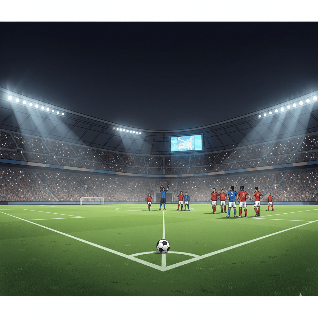 Pemandangan sudut pandang lebar (wide-angle) dari dalam stadion sepak bola Inggris yang ikonik saat pertandingan berlangsung di malam hari. Fokus gambar adalah pada rumput hijau yang kontras dengan langit malam yang gelap, serta papan skor digital yang menyala di kejauhan. Gambar ini menangkap esensi dari 'midweek fixtures' yang melelahkan namun krusial, menampilkan momen tendangan sudut atau kemelut di depan gawang yang menegangkan, cocok untuk memecah teks prediksi yang panjang dan memberikan konteks visual pada analisis pertandingan.