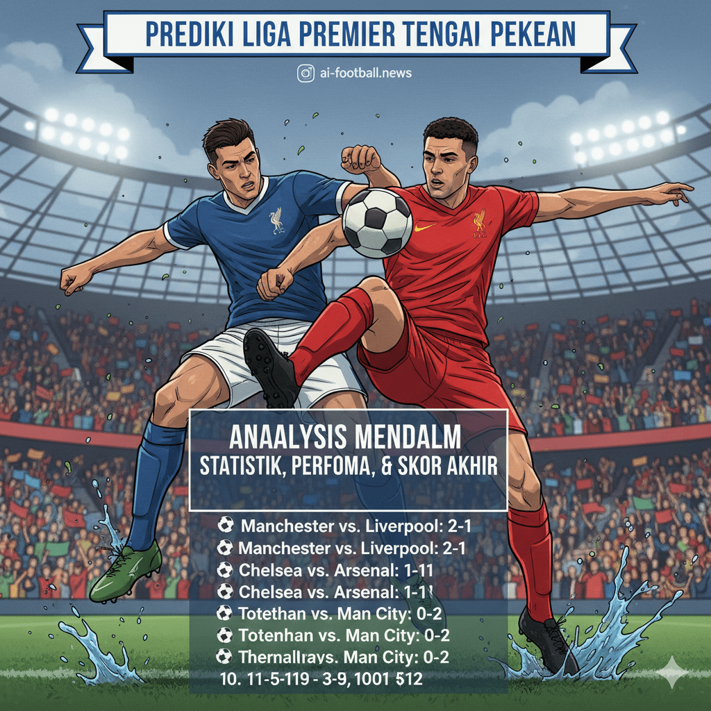 Foto aksi jarak dekat yang menangkap momen krusial dan berintensitas tinggi dalam sebuah pertandingan sepak bola, memperlihatkan duel fisik perebutan bola antara dua pemain di lapangan hijau. Cipratan air atau tanah yang terangkat dari rumput terlihat jelas, menandakan kerasnya kompetisi di Liga Premier. Latar belakang tribun penonton yang buram namun penuh warna menambah kedalaman gambar, memberikan konteks visual pada analisis statistik, performa tim, dan prediksi skor yang diuraikan secara mendalam di bagian tengah hingga akhir artikel.