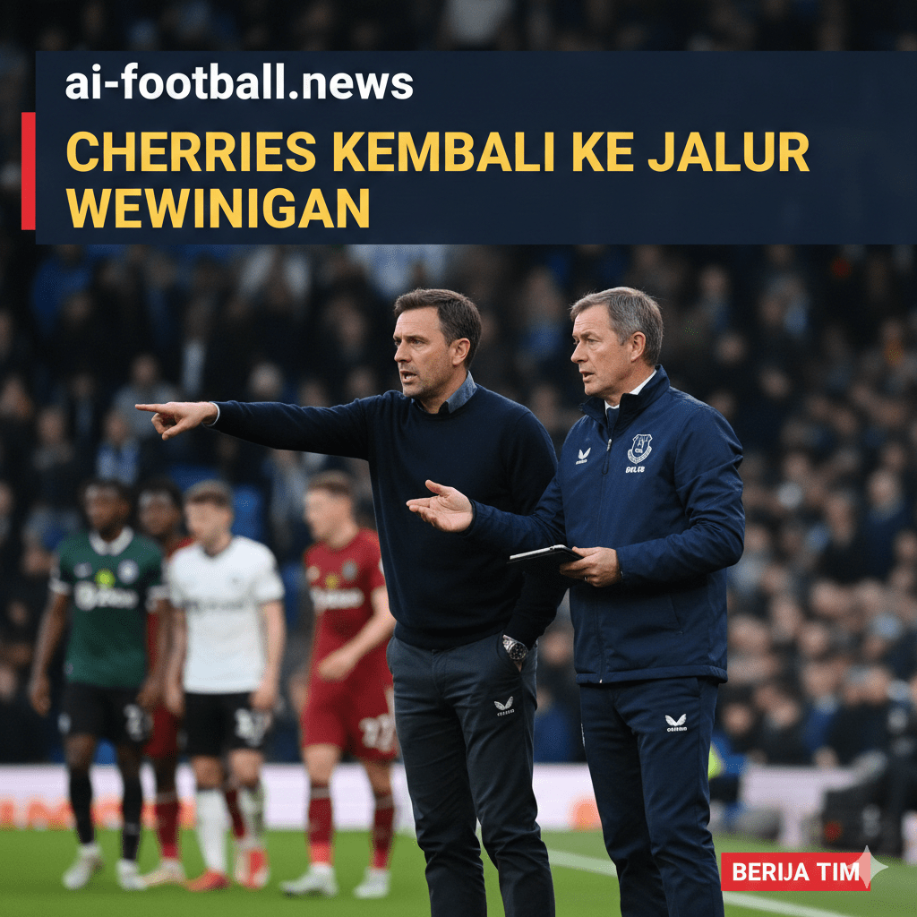 Gambar yang menampilkan manajer Bournemouth, Andoni Iraola, atau manajer Everton, David Moyes, berdiri di pinggir lapangan memberikan instruksi kepada tim mereka dengan ekspresi wajah yang serius dan penuh konsentrasi. Latar belakang gambar sedikit kabur untuk memfokuskan perhatian pada ketegangan manajerial, mencerminkan tekanan taktis yang dihadapi kedua pelatih akibat daftar cedera pemain dan sanksi larangan bermain yang mempengaruhi susunan pemain utama mereka. Visual ini sangat relevan dengan bagian 'Berita Tim' dalam artikel, yang membahas bagaimana masalah disiplin dan cedera memaksa perubahan strategi yang signifikan bagi kedua belah pihak dalam upaya mereka kembali ke jalur kemenangan.