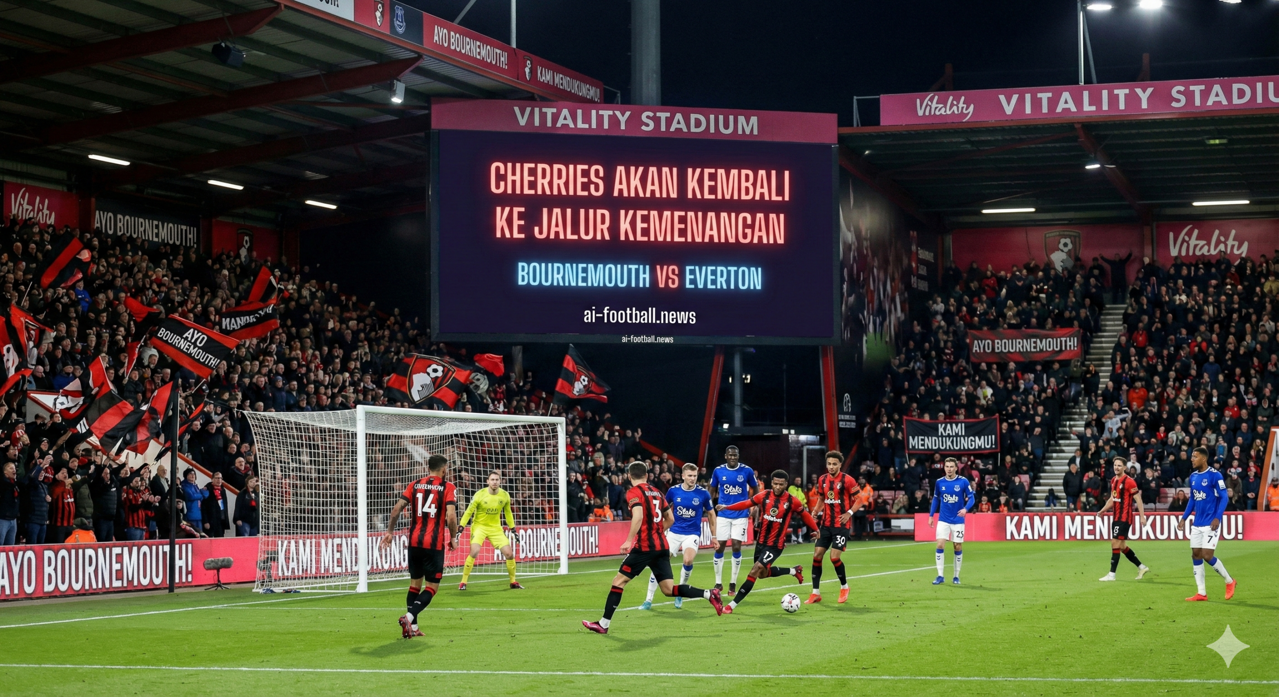 Pemandangan panorama Stadion Vitality yang megah di bawah lampu sorot malam hari saat laga Liga Premier antara Bournemouth melawan Everton. Para pemain Bournemouth dengan seragam kandang ikonik merah-hitam terlihat mendominasi penguasaan bola melawan pertahanan Everton yang mengenakan kostum biru. Tribun penonton dipadati suporter yang bersemangat mengibarkan bendera, menciptakan atmosfer dramatis saat The Cherries berjuang keras untuk memutus tren negatif dan meraih tiga poin penuh di hadapan pendukung sendiri.