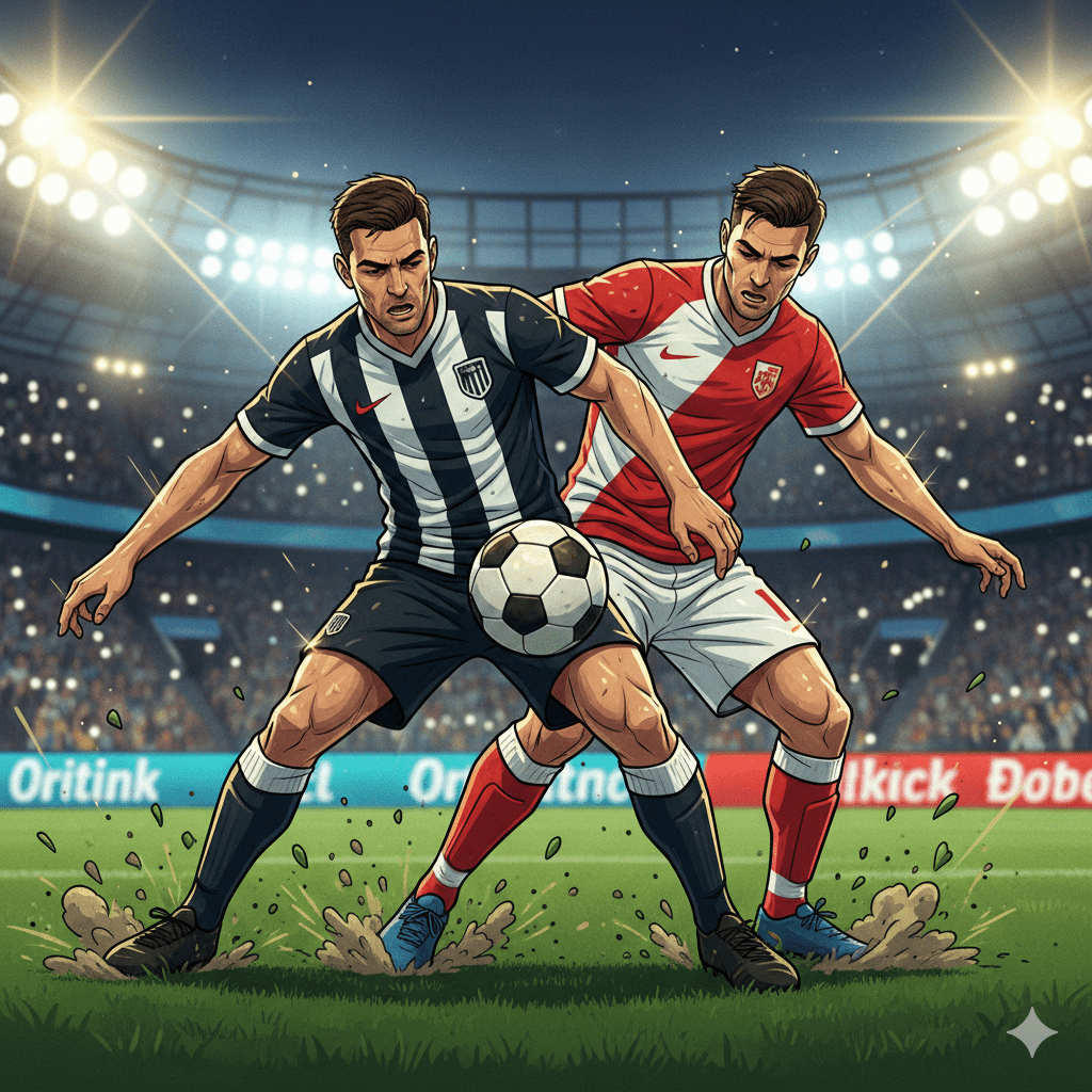 Aksi duel perebutan bola yang sengit di lini tengah antara gelandang Bournemouth dan Everton, dengan fokus pada intensitas fisik pertandingan. Di latar belakang yang sedikit kabur, terlihat manajer Andoni Iraola sedang berteriak memberikan arahan strategis dari area teknis. Rumput stadion terlihat hijau dan terawat sempurna, menonjolkan kualitas liga papan atas. Gambar ini merepresentasikan pertarungan taktis dan mental kedua tim yang sama-sama ingin bangkit dari kekalahan telak di pekan sebelumnya.