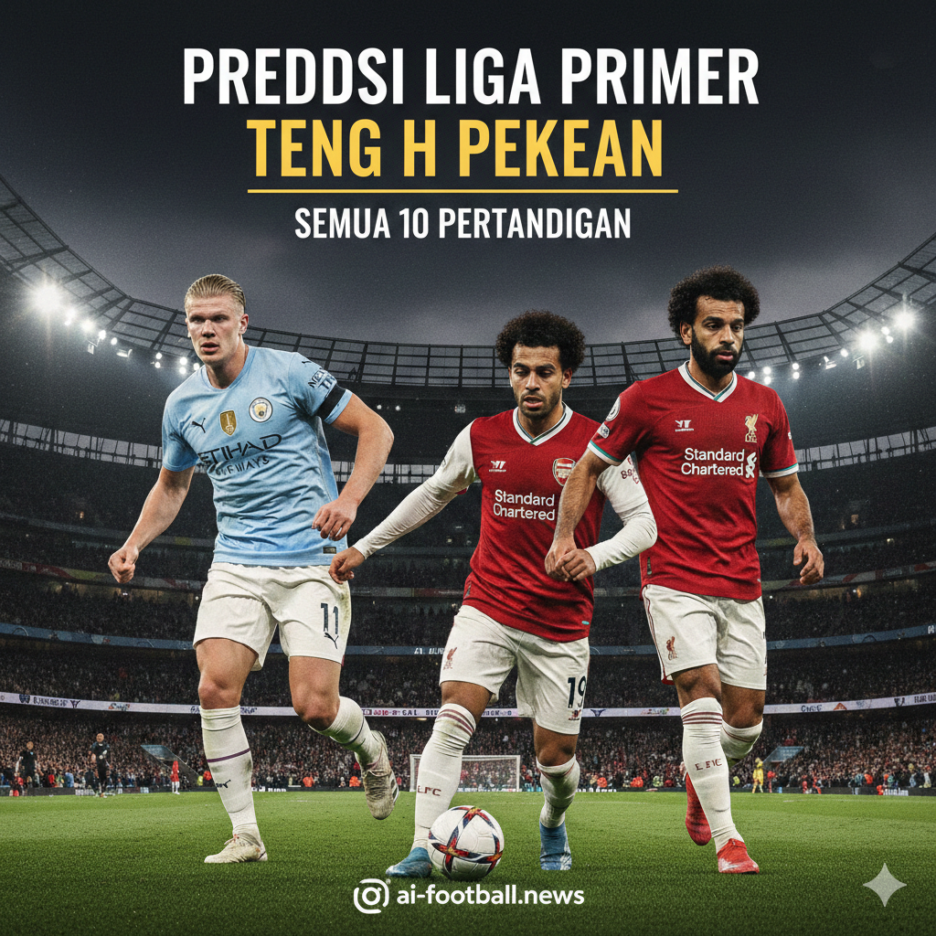 Sebuah kolase visual yang dinamis dan menarik menampilkan bintang-bintang utama Liga Premier Inggris dari berbagai klub top seperti Arsenal, Manchester City, dan Liverpool. Gambar ini memperlihatkan pemain kunci seperti Erling Haaland, Bukayo Saka, dan Mohamed Salah dalam pose aksi di bawah sorotan lampu stadion malam hari, yang melambangkan jadwal pertandingan tengah pekan yang padat. Latar belakangnya adalah stadion sepak bola yang megah dengan tribun yang dipenuhi penonton yang bersorak, serta elemen grafis logo Liga Premier yang samar, menciptakan atmosfer kompetisi yang panas dan penuh antisipasi untuk prediksi pertandingan ini.