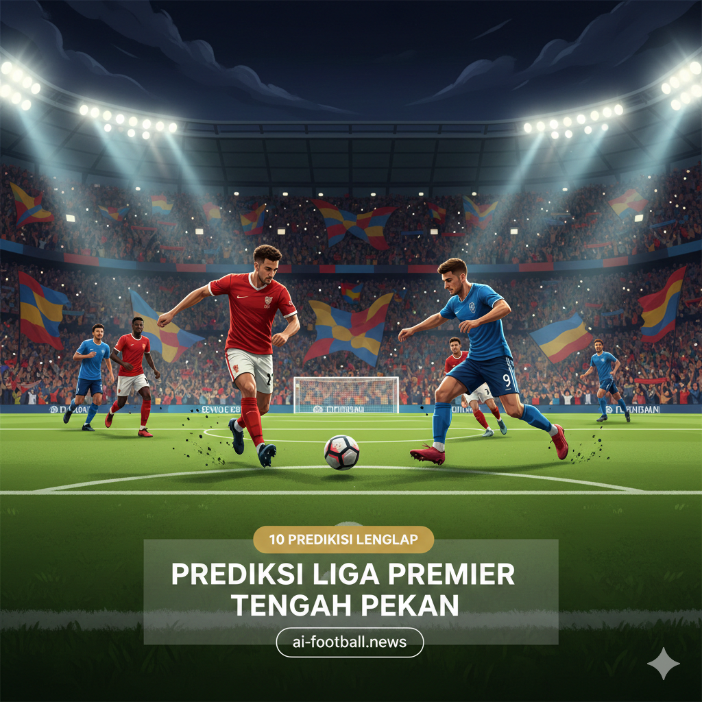 Pemandangan atmosferik dari sebuah pertandingan sepak bola Liga Premier yang berlangsung pada malam hari di bawah lampu sorot stadion yang sangat terang. Fokus gambar adalah pada aksi intens di lapangan hijau yang kontras dengan langit malam yang gelap, menampilkan perebutan bola antara pemain yang mengenakan seragam cerah. Di latar belakang, terlihat tribun penonton yang padat dengan penggemar yang mengibarkan bendera dan syal klub, menangkap esensi dari semangat 'midweek football' di Inggris. Gambar ini ditempatkan di tengah artikel untuk memberikan jeda visual yang relevan dan meningkatkan pengalaman membaca prediksi skor.