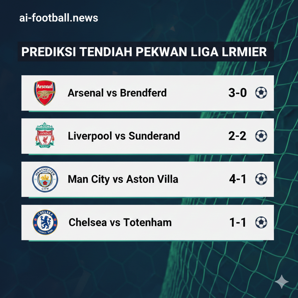 Sebuah desain grafis sederhana yang menampilkan jadwal beberapa pertandingan penting di tengah pekan, seperti 'Arsenal vs Brentford' dan 'Liverpool vs Sunderland', bersama dengan skor prediksi yang dicantumkan di artikel (misalnya 3-0 dan 2-2). Gunakan elemen visual seperti logo klub atau ikon bola. Gambar ini dimaksudkan untuk memvisualisasikan data prediksi yang panjang agar pembaca dapat mencerna informasi lebih cepat, memecah dinding teks di bagian tengah artikel.