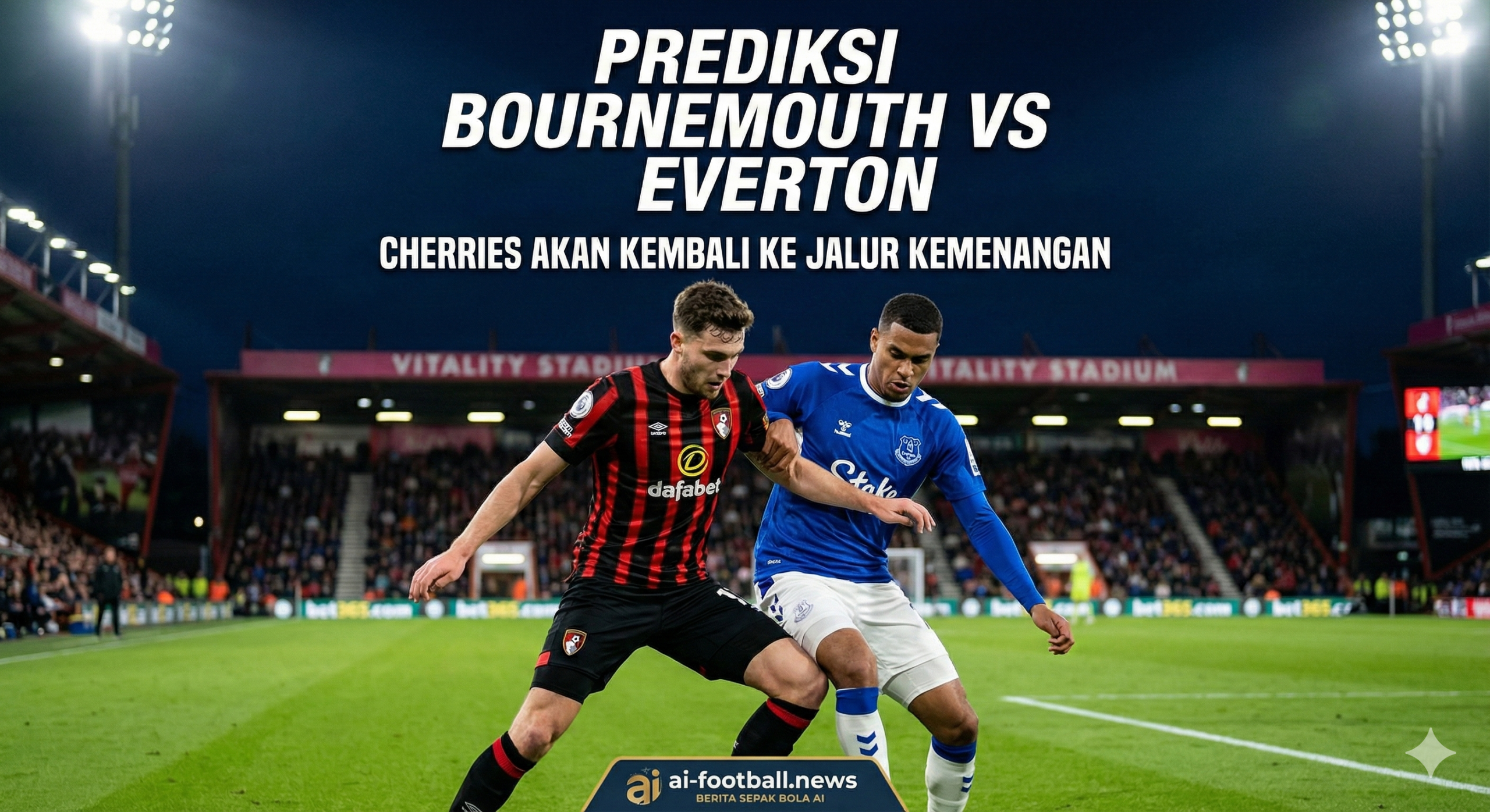 一张充满张力的英超足球比赛封面图，展现伯恩茅斯（Bournemouth）主场迎战埃弗顿（Everton）的激烈场景。画面中心应有两名球员正在激烈争抢足球，左侧球员身穿伯恩茅斯标志性的红黑条纹球衣，右侧球员身穿埃弗顿经典的蓝色球衣。背景是模糊处理的活力球场（Vitality Stadium）看台，灯光聚焦在绿茵场上，营造出周二晚间比赛的紧张氛围。整体风格采用高清晰度的体育摄影写实风格，色彩对比鲜明，突出红黑与蓝色的对抗感，光影效果富有戏剧性，预示着两队都渴望重回胜利轨道的决心。