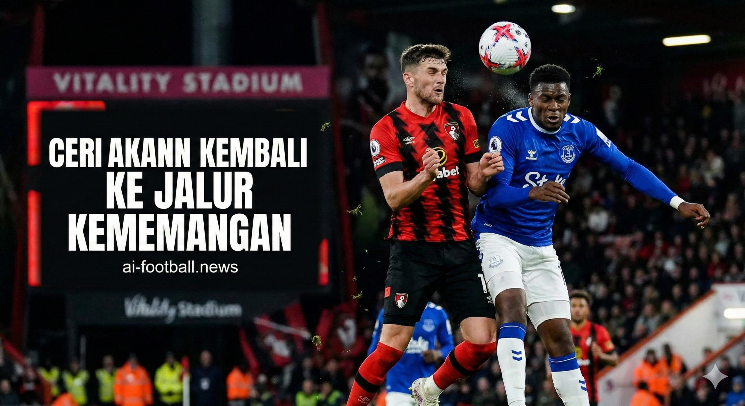 A dynamic and high-stakes Premier League football match scene set at the Vitality Stadium under bright evening floodlights. The composition features a intense duel for the ball between a player in Bournemouth's classic red and black vertical striped kit and an Everton player in their iconic royal blue jersey. The background shows a blurred but energetic crowd in the stands, creating an electric atmosphere. The grass on the pitch is lush green and detailed. The visual style is hyper-realistic sports photography with dramatic lighting to highlight the tension of the upcoming Tuesday night clash. Colors should be vibrant, emphasizing the red, black, and blue contrast.