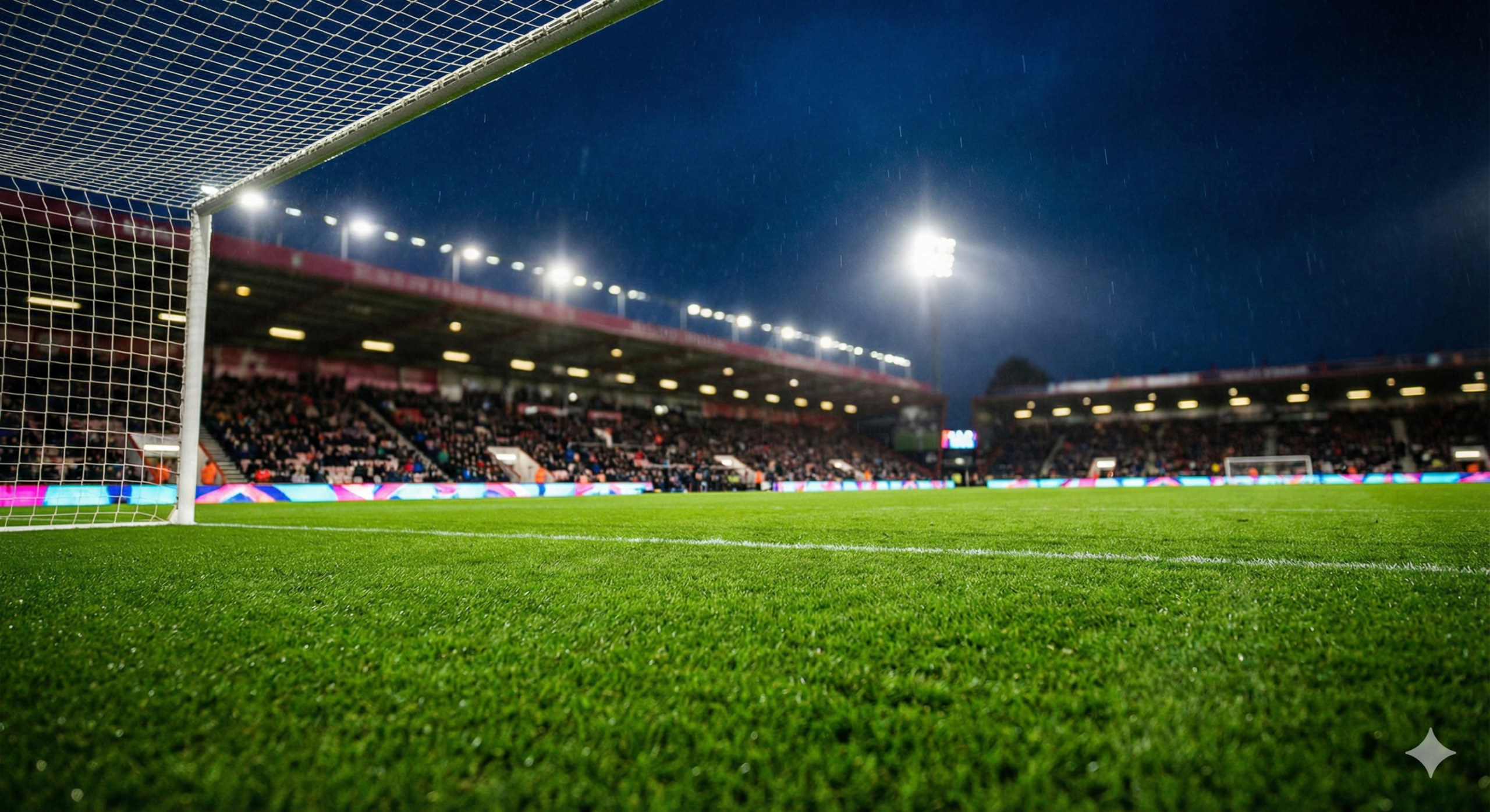A cinematic wide-angle view of the Vitality Stadium pitch under the glare of stadium floodlights during a Tuesday night fixture. The focus is on the goal area and the vibrant green grass texture, symbolizing the high-scoring prediction mentioned in the article. The background features the stadium stands filled with spectators in a soft bokeh effect, creating a tense and anticipatory mood. The lighting combines the cool tones of the night sky with the warm glow of the artificial lights, reflecting the dramatic 'mission to bounce back' theme of the match.