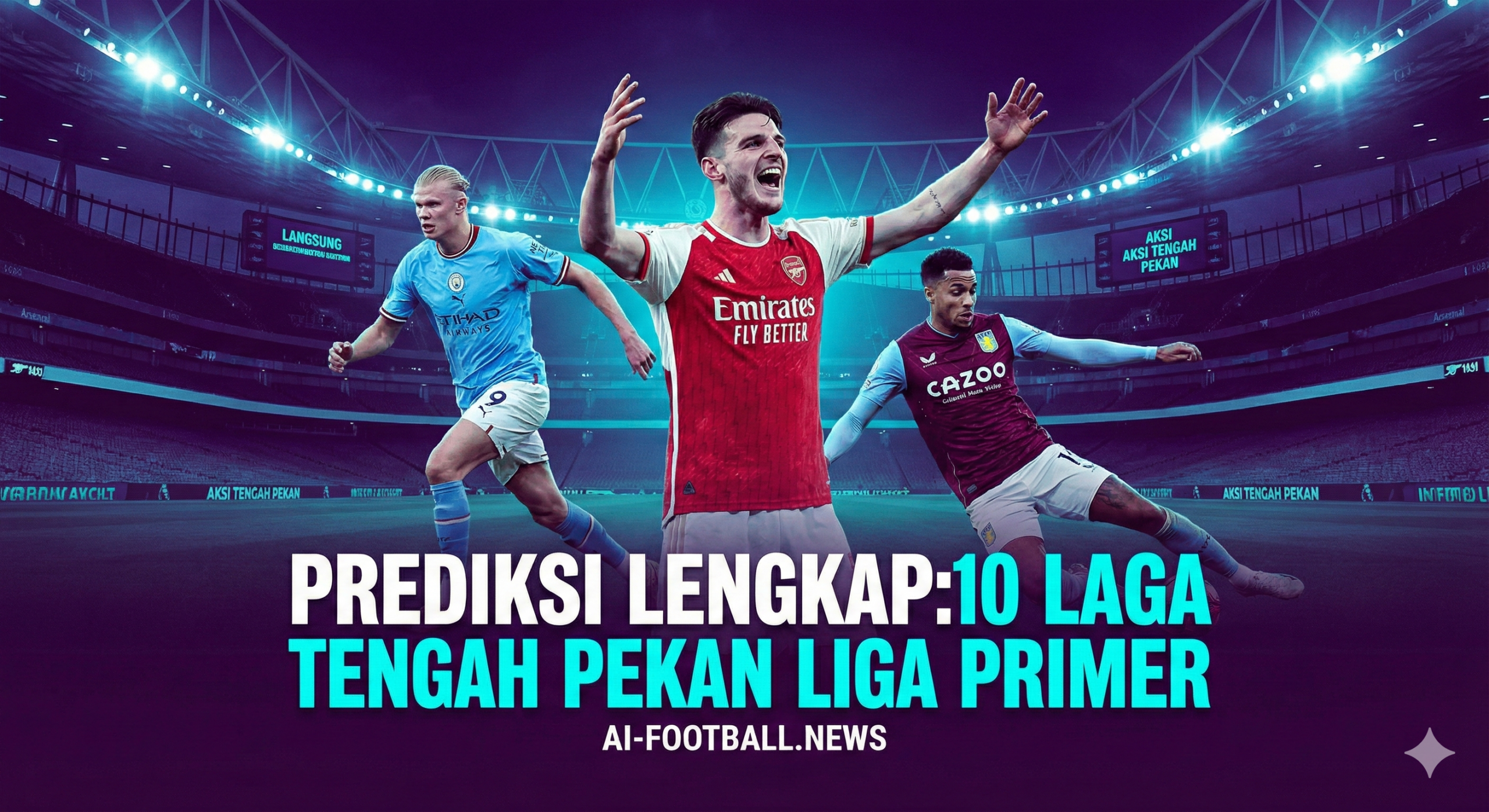 一张充满张力的英超联赛主题封面图，采用广播级的高清运动海报风格。画面中心是一名身穿阿森纳红白球衣的球员正在庆祝，象征着他们目前的领头羊位置。两侧分别是一名身穿天蓝色球衣的曼城球员和一名身穿紫红色的阿斯顿维拉球员，姿态充满竞技感。背景是一座灯火通明的现代化足球场，展现周中夜场比赛的独特氛围。色调融合了英超标志性的深紫色和霓虹青色，光影对比强烈，突显比赛的激烈程度。