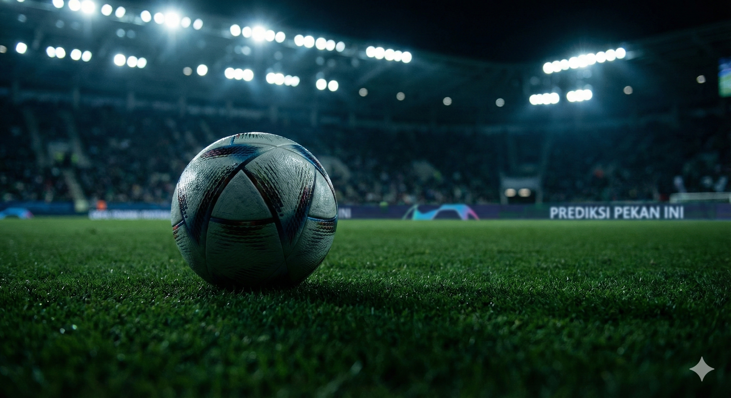 一张极具电影质感的足球场夜间特写图，用于文章中段渲染气氛。画面前景聚焦在一颗放置在翠绿草皮上的现代足球，纹理清晰可见。背景是焦外虚化处理的看台和耀眼的泛光灯，营造出周中夜赛的紧张与期待感。光线从上方投射下来，在草地上形成长长的影子。色彩以草地的深绿色和灯光的冷白色为主，画面构图低角度拍摄，突显球场的宏大与比赛即将开始的静谧时刻。