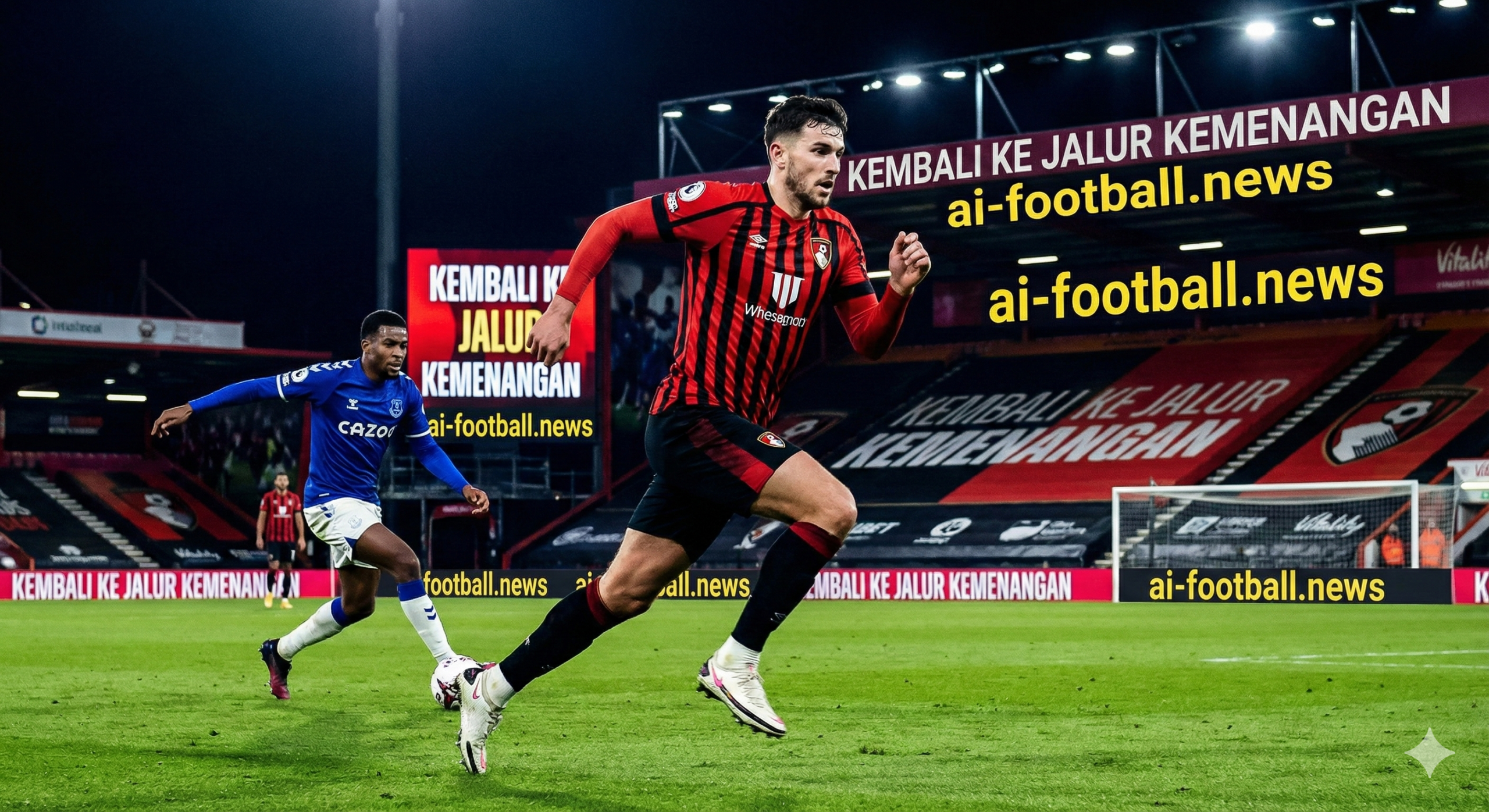 一张充满张力的英超足球比赛封面图，背景是伯恩茅斯的主场活力球场（Vitality Stadium），展现出周二晚间比赛的夜场氛围，泛光灯照亮球场。画面采用对角线激进构图，前景突出一位身穿经典的红黑条纹球衣的伯恩茅斯前锋，正处于高速奔跑状态，神情坚毅；背景中隐约可见身穿蓝色球衣的埃弗顿后卫试图拦截。整体色彩饱和度高，红黑与深蓝形成强烈视觉冲突，风格为超高清体育摄影写实风，强调主队重回胜轨的气势。