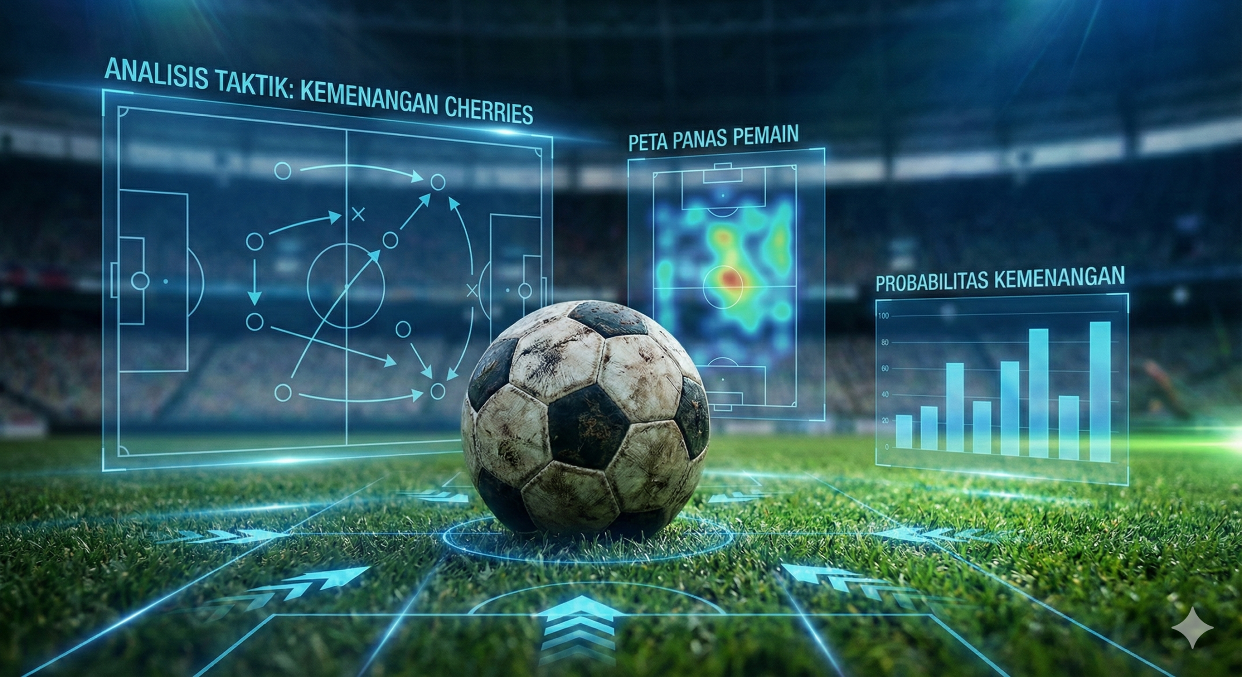 一张极具现代感和科技感的足球分析插图，放置于文章分析段落。画面视角为低角度贴近草坪，焦点聚焦在带有泥土痕迹的足球上。背景是经过虚化处理的球场看台，叠加了半透明的战术路线图、球员跑位热点以及类似于胜率预测的柱状图数据可视化元素。色调以深邃的科技蓝与球场原本的翠绿色相结合，光影效果富有层次感，既体现了足球比赛的激情，又突出了ai-football.news站点利用数据进行深度战术分析和预测的专业特色。