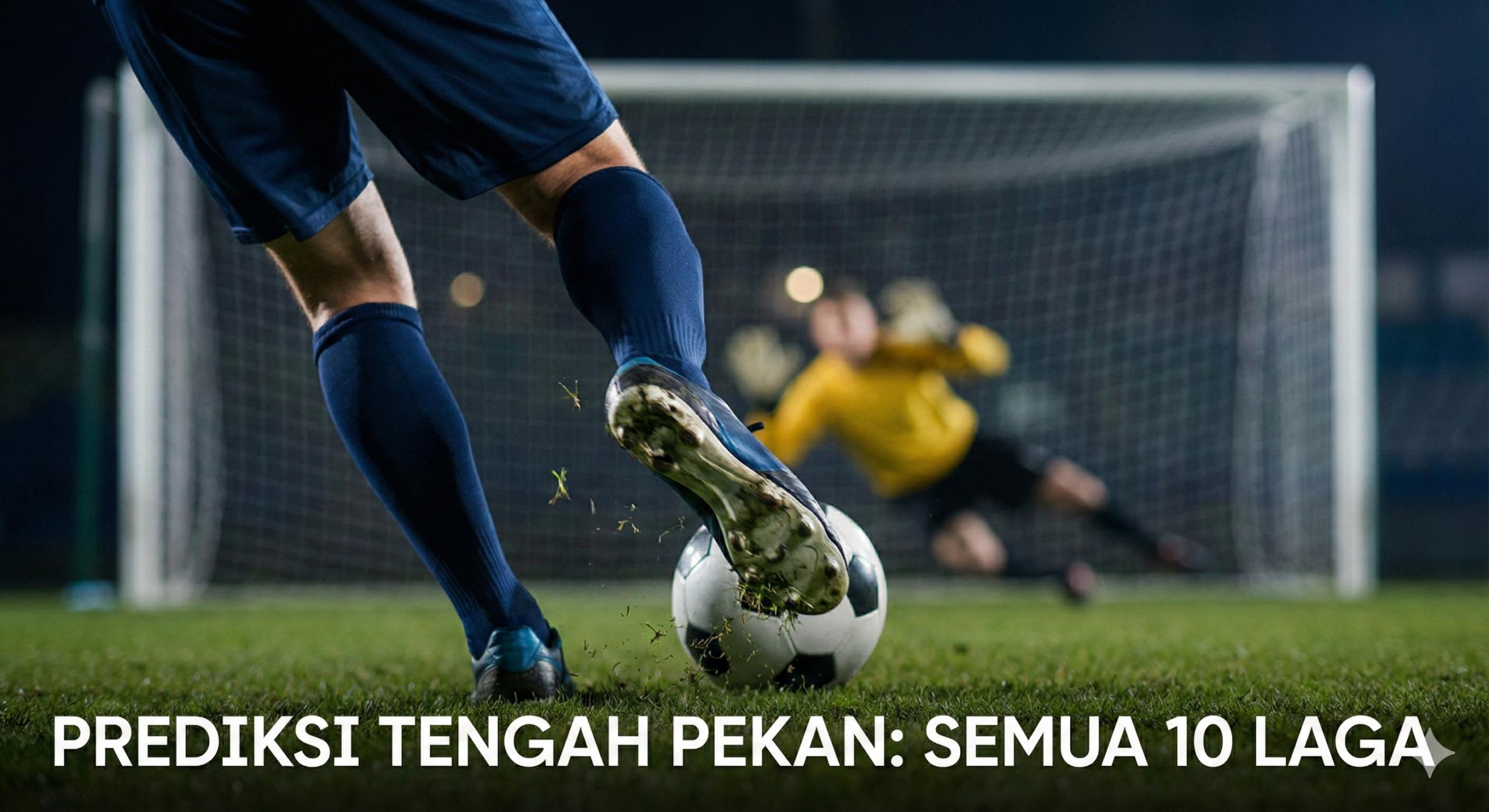 Gambar aksi close-up di lapangan hijau yang menangkap momen krusial ketika seorang penyerang bersiap melakukan tendangan voli ke arah gawang, dengan fokus tajam pada sepatu bola dan tekstur rumput stadion. Latar belakang gambar dibuat sedikit bokeh (blur) menampilkan jaring gawang dan penjaga gawang yang sedang bersiaga penuh, melambangkan ketegangan dalam perebutan poin krusial di tengah pekan. Visual ini dipilih untuk memecah teks artikel dan memberikan representasi visual terhadap analisis statistik serta prediksi skor yang ketat, terutama untuk laga-laga sengit seperti Newcastle vs Tottenham atau Liverpool vs Sunderland.