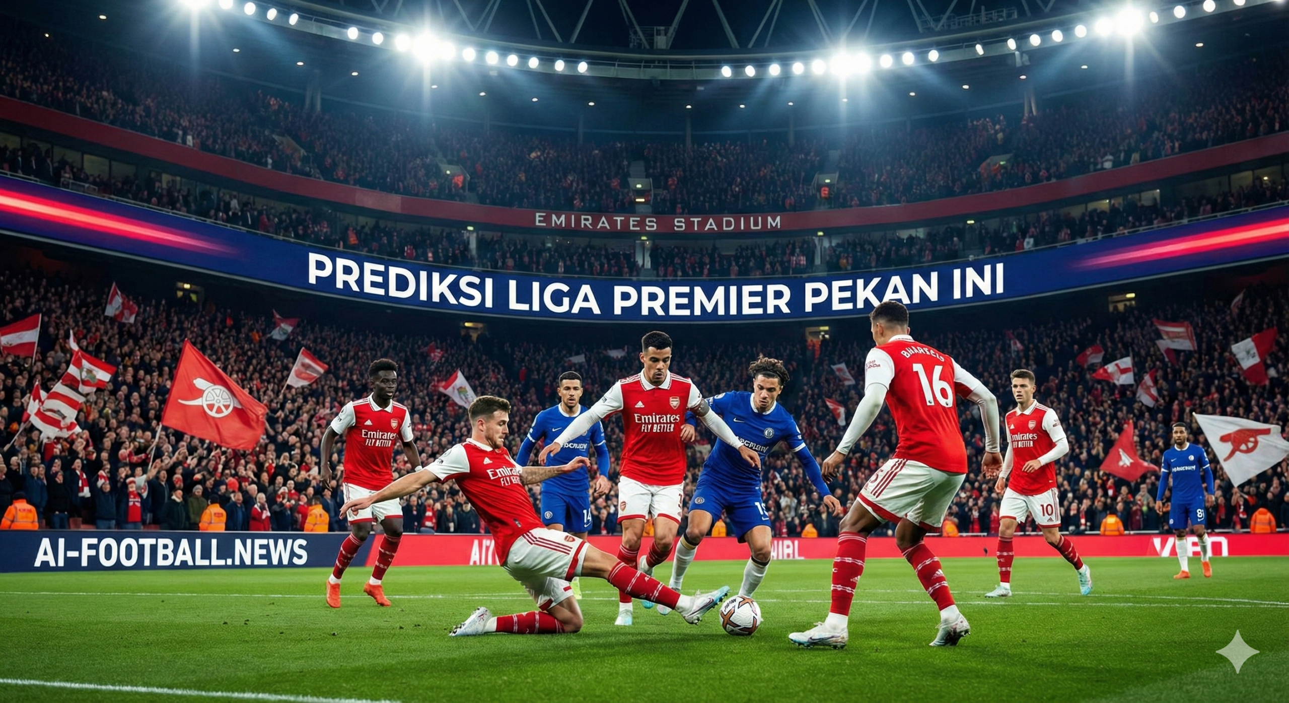 Suasana stadion sepak bola Liga Premier Inggris yang megah di malam hari dengan lampu sorot yang terang benderang, secara khusus menampilkan aksi intens antara pemain Arsenal dengan seragam merah putih ikonik mereka melawan pemain lawan di Stadion Emirates. Latar belakang stadion dipenuhi oleh ribuan penonton yang bersorak mengibarkan bendera, menciptakan atmosfer pertandingan tengah pekan yang sangat panas dan dinamis. Di bagian depan gambar, terlihat fokus pada perebutan bola yang ketat di lini tengah, melambangkan tekanan tinggi yang dihadapi tim papan atas untuk mempertahankan posisi mereka di puncak klasemen dalam rangkaian pertandingan yang padat ini.