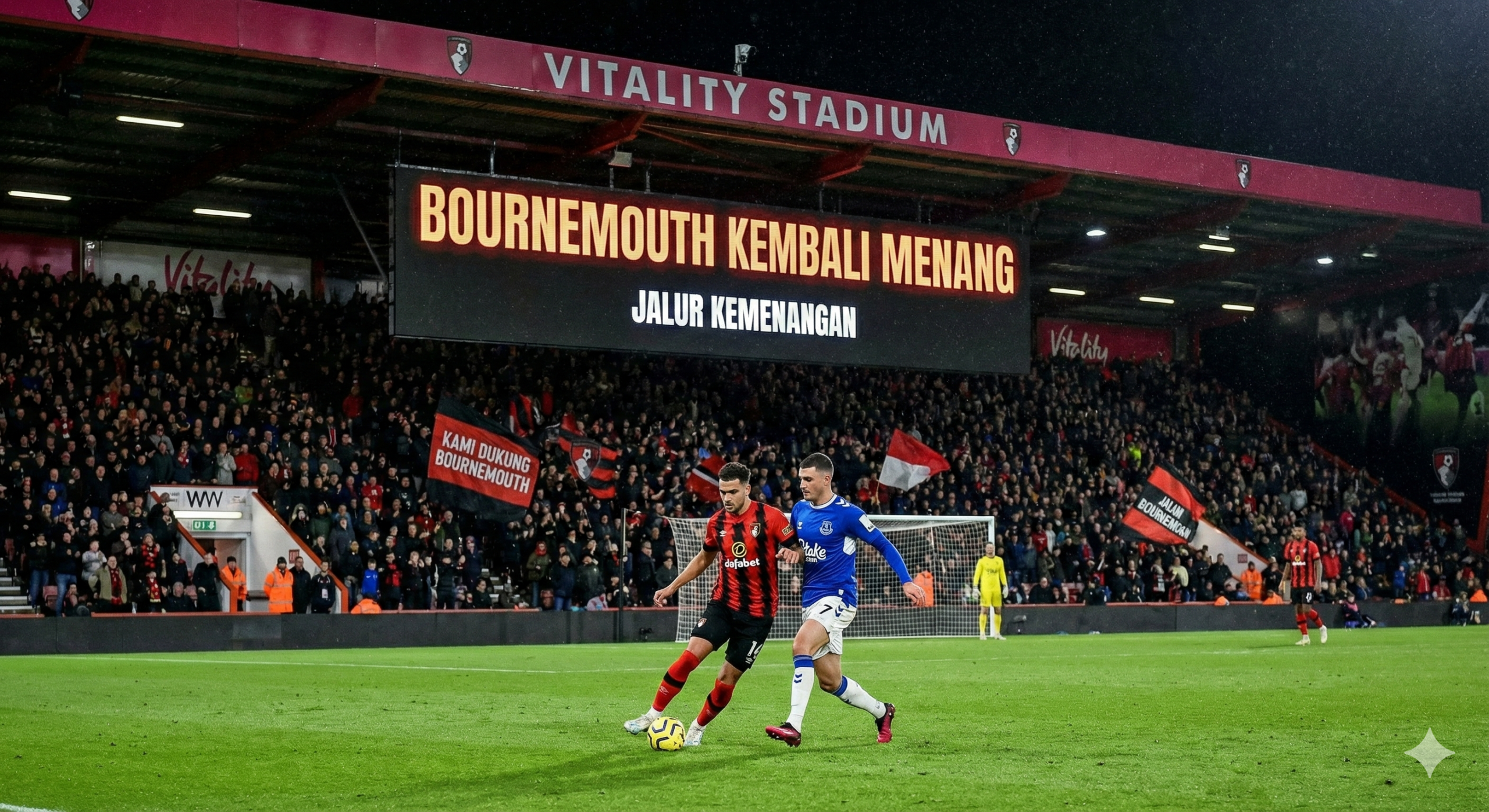 Pemandangan malam hari yang spektakuler di Stadion Vitality yang diterangi lampu sorot terang, menciptakan atmosfer dramatis untuk pertandingan Liga Premier. Di tengah lapangan hijau yang terawat rapi, terlihat pemain Bournemouth dengan seragam kandang ikonik bergaris merah dan hitam sedang berduel memperebutkan bola melawan pemain Everton yang mengenakan seragam biru. Latar belakang dipenuhi oleh ribuan penggemar yang bersorak di tribun, menggambarkan antusiasme dan ketegangan tinggi saat Bournemouth bertekad untuk kembali ke jalur kemenangan di kandang sendiri.