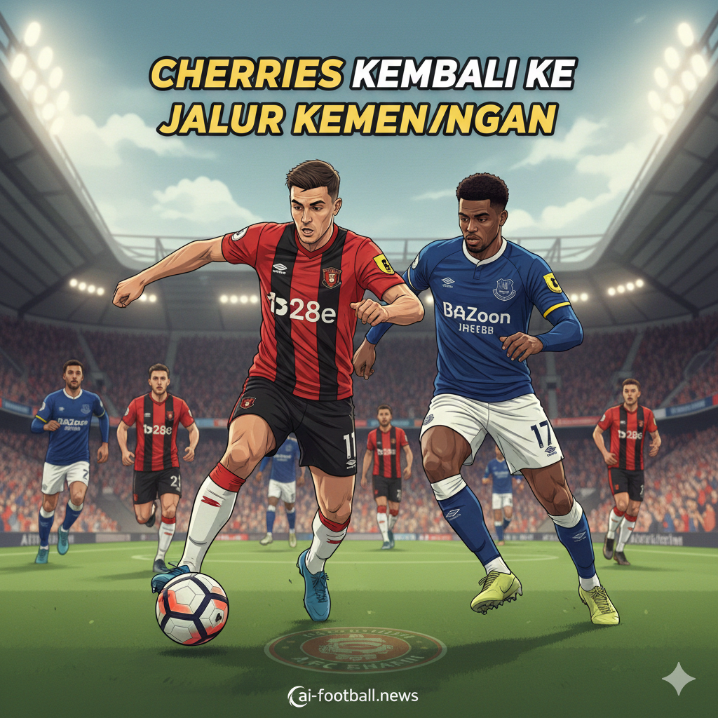 Momen intens di lapangan yang menyoroti kekuatan lini serang Bournemouth saat mereka menekan pertahanan Everton. Gambar ini menangkap aksi dribel bola dari pemain depan Bournemouth yang mencoba melewati hadangan bek Everton, mencerminkan analisis dalam artikel tentang statistik serangan 'The Cherries' yang tetap tajam dan berbahaya meskipun hasil pertandingan terakhir kurang memuaskan. Visual ini menekankan ketegangan fisik di lapangan dan upaya taktis kedua tim, menggambarkan betapa sulitnya tugas Everton untuk mematahkan rekor buruk mereka saat bertandang ke markas Bournemouth.