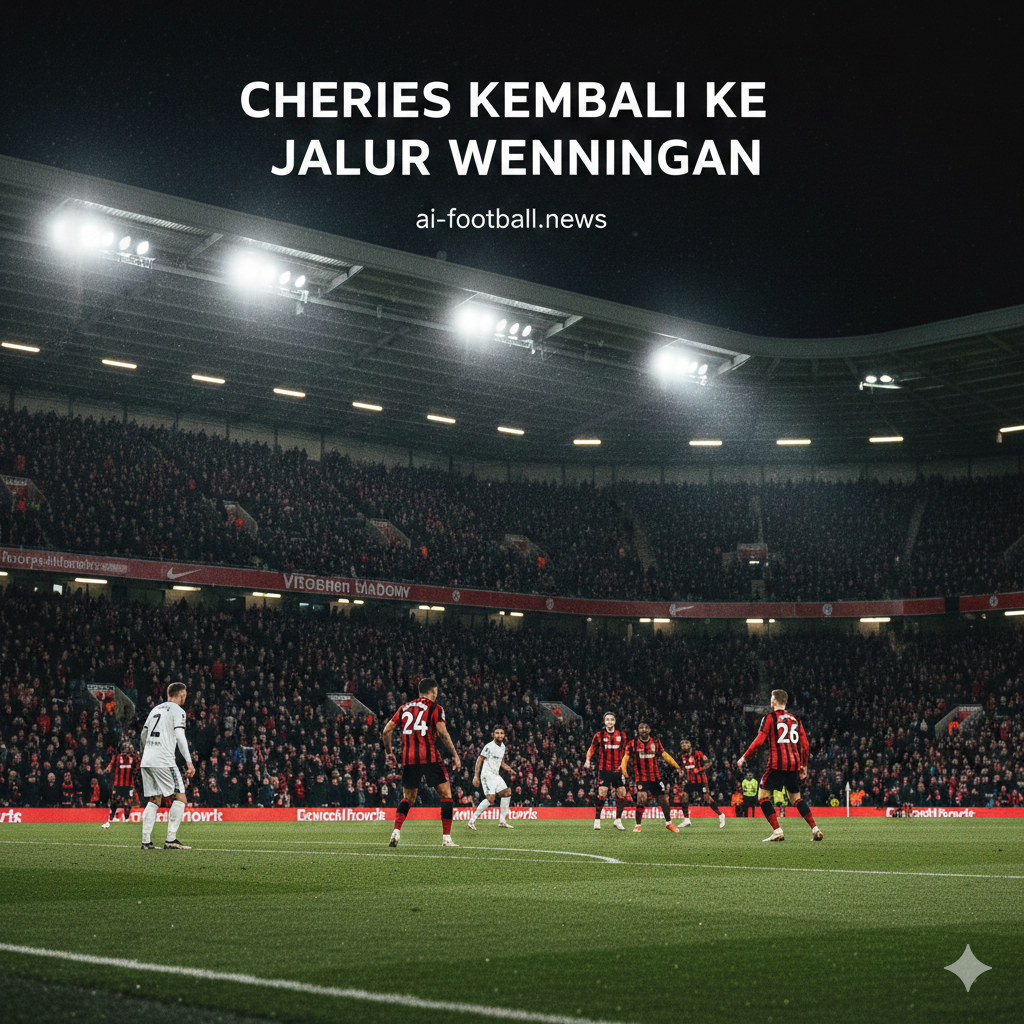 Pemandangan malam hari yang megah dan dramatis di Stadion Vitality, markas Bournemouth, dengan lampu sorot stadion yang menerangi lapangan hijau secara terang benderang. Terlihat para pemain Bournemouth mengenakan seragam kandang ikonik mereka yang berwarna merah dan hitam bergaris-garis, sedang melakukan serangan intens ke arah gawang lawan. Di latar belakang, tribun penonton dipadati oleh suporter The Cherries yang bersorak, mengibarkan syal, dan memberikan dukungan penuh semangat. Gambar ini secara visual menyimbolkan tekad kuat tuan rumah untuk bangkit dari kekalahan sebelumnya dan kembali ke jalur kemenangan saat menjamu Everton di pantai selatan.