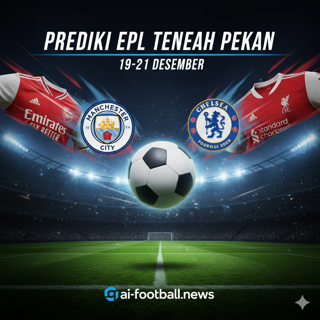 Desain grafis yang dinamis untuk mempromosikan pratinjau pertandingan Liga Primer Inggris tengah pekan. Gambar harus menampilkan kolase yang menarik secara visual yang menyertakan logo atau jersey dari beberapa klub besar yang akan bertanding, seperti Arsenal (pemuncak klasemen), Manchester City, Liverpool, dan Chelsea. Tambahkan teks tebal dan menarik di bagian atas seperti 'Prediksi EPL Tengah Pekan' dalam bahasa Indonesia atau Inggris, dan tanggal pertandingan (misalnya, 19-21 Desember). Kolase ini harus membangkitkan suasana kompetisi sepak bola yang intens dan aksi di lapangan tengah pekan.