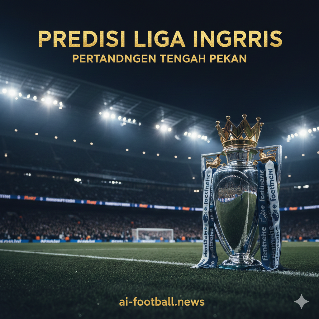 Pemandangan atmosfer stadion Premier League yang megah di malam hari di bawah sorotan lampu stadion yang terang. Fokus utama adalah trofi Premier League yang berkilau di pinggir lapangan dengan latar belakang tribun penonton yang penuh sesak dan kabur (bokeh). Skema warna didominasi oleh biru tua elektrik dan emas, menciptakan nuansa dramatis dan bergengsi. Komposisi menggunakan sudut rendah (low angle) untuk memberikan kesan megah dan penuh antisipasi menjelang pertandingan besar.