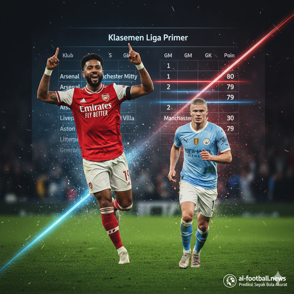 Representasi visual persaingan papan atas antara Arsenal dan Manchester City. Gambar menampilkan kolase aksi pemain kunci dari kedua tim dengan seragam kandang mereka yang ikonik (merah-putih dan biru langit) sedang melakukan selebrasi atau berlari di lapangan hijau yang tajam. Di latar belakang terdapat grafis klasemen liga yang samar dengan cahaya neon. Gaya visualnya modern, dinamis, dengan kontras warna yang tinggi dan percikan cahaya digital untuk menonjolkan intensitas perburuan gelar juara.