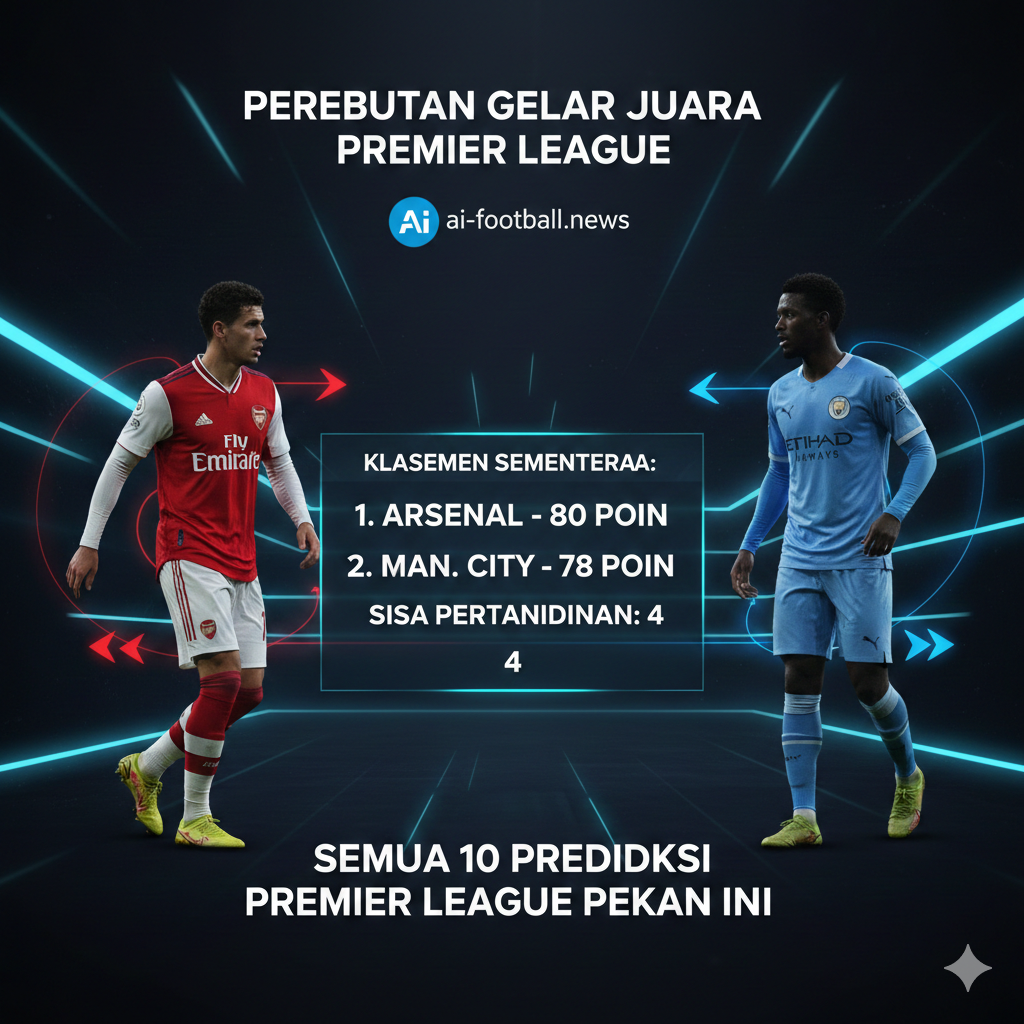 A focused tactical visualization showing the top-tier competition. It features two prominent players in silhouette, one wearing Arsenal's iconic red and white and the other in Manchester City's sky blue, facing each other against a backdrop of a digital league table showing current point gaps. The style is modern, sleek, and analytical, using a dark background with sharp glowing lines and a wide-angle composition to symbolize the battle for the top spot in the league standings.