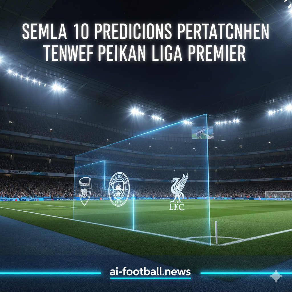 A cinematic wide-angle shot of a modern Premier League stadium under bright floodlights at night, capturing the intense atmosphere of a midweek match. In the foreground, a high-tech digital interface or holographic display shows logos of top clubs like Arsenal, Man City, and Liverpool. The color palette is dominated by deep stadium blues and vibrant grass greens, contrasted with glowing neon streaks of light. The composition is dynamic, with a low-angle perspective looking up towards the stands, emphasizing the scale and excitement of the predictions.