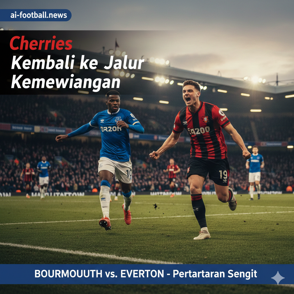 A high-intensity cinematic action shot of a football match at the Vitality Stadium during twilight. In the foreground, a Bournemouth player in their iconic red and black striped kit is seen celebrating or dribbling fiercely, while an Everton player in a blue jersey is in pursuit. The stadium lights are glowing, creating a vibrant atmosphere with a mix of deep red, blue, and golden hour light. The composition is dynamic with a shallow depth of field, focusing on the players with a blurred crowd in the background. Professional sports photography style, sharp focus, and high contrast.