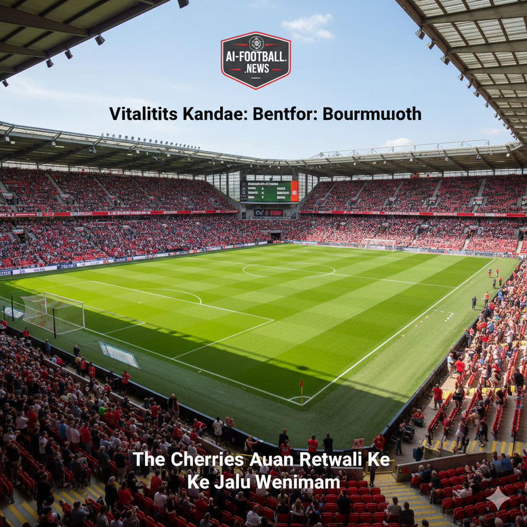 A wide-angle interior view of the Vitality Stadium (Dean Court) during a match day. The image captures the lush green pitch, the red and black seating of the stands filled with passionate fans, and a large electronic scoreboard in the corner. The style is bright and clean, emphasizing the 'home fortress' advantage mentioned in the text. The color palette is dominated by the green of the grass and the vibrant red of the Bournemouth branding. The composition uses leading lines from the pitch markings to create a sense of scale and importance.