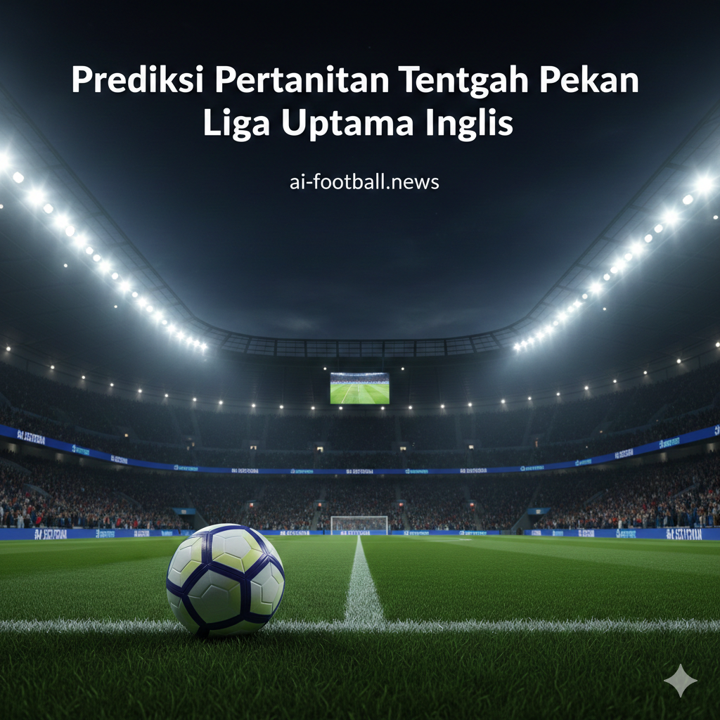 A dynamic wide-angle shot of a modern Premier League stadium illuminated under bright floodlights at night, capturing the intense atmosphere of a midweek match. The composition features a lush green pitch in the foreground with a professional soccer ball placed near the touchline. In the background, blurred silhouettes of passionate fans in various team colors fill the stands. The color palette is vibrant with deep blues, emerald greens, and glowing white lights, creating a cinematic and high-energy feel that represents the excitement of English football predictions.