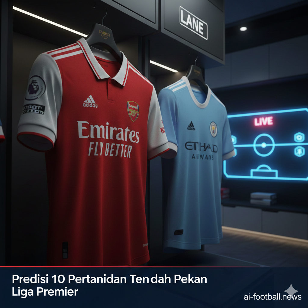 A high-quality conceptual image focusing on the intense title race between major clubs like Arsenal and Manchester City. The image shows two stylized football jerseys—one red and white, one sky blue—hanging side-by-side in a modern locker room setting. A glowing digital scoreboard in the background displays 'LIVE' and tactical icons. The lighting is dramatic and focused, using sharp contrasts to highlight the tension of the competition. The style is sleek and professional, suitable for a sports news site, emphasizing the high stakes of the upcoming midweek fixtures.