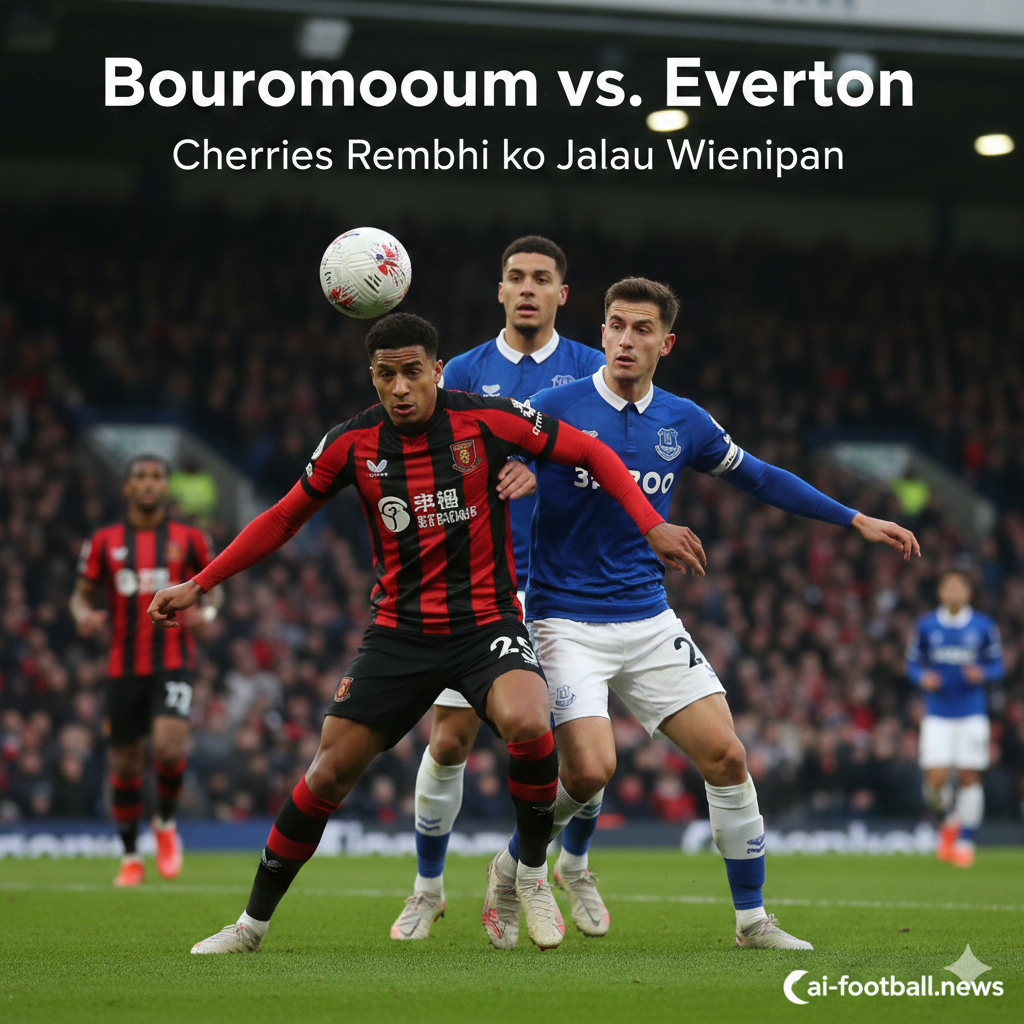 A high-action cinematic shot capturing a duel between a Bournemouth player in their iconic red and black striped kit and an Everton player in a royal blue kit. The scene is set at a vibrant Vitality Stadium under bright stadium floodlights at dusk. The focus is sharp on the players' intense expressions as they compete for a football in mid-air. The background shows a blurred, cheering crowd and the lush green grass of the pitch. The style is professional sports photography with high contrast, vivid colors, and a dynamic low-angle composition to emphasize the drama of the Premier League matchup.