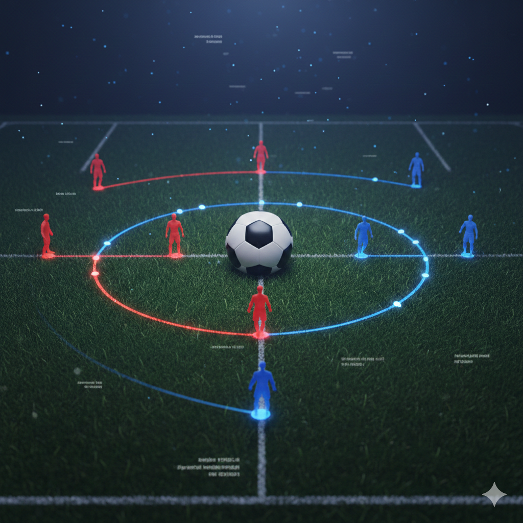 A tactical and atmospheric visual representing the strategic battle between Bournemouth and Everton. The image features a stylized overhead view of a football pitch with glowing tactical lines and player markers in red (Bournemouth) and blue (Everton). In the center, a high-quality 3D render of a football sits on the turf. The lighting is moody with a cool blue and energetic red color palette reflecting the team colors. This graphic style conveys deep analysis and statistics, incorporating subtle digital elements like data points and heat map overlays to match the ai-football.news professional analytical theme.